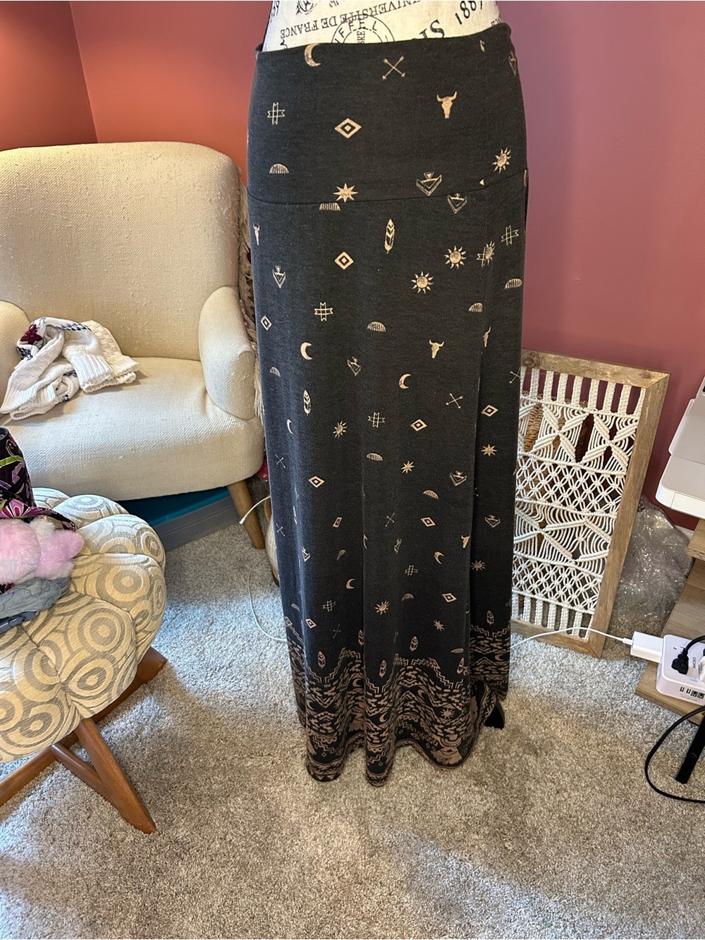 Mossimo Supply Co. Black Maxi Skirt with Beige Boho Print